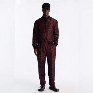 Men’s 46R 38X31 red jacquard suit with bomber jacket and pleated pants / NEW